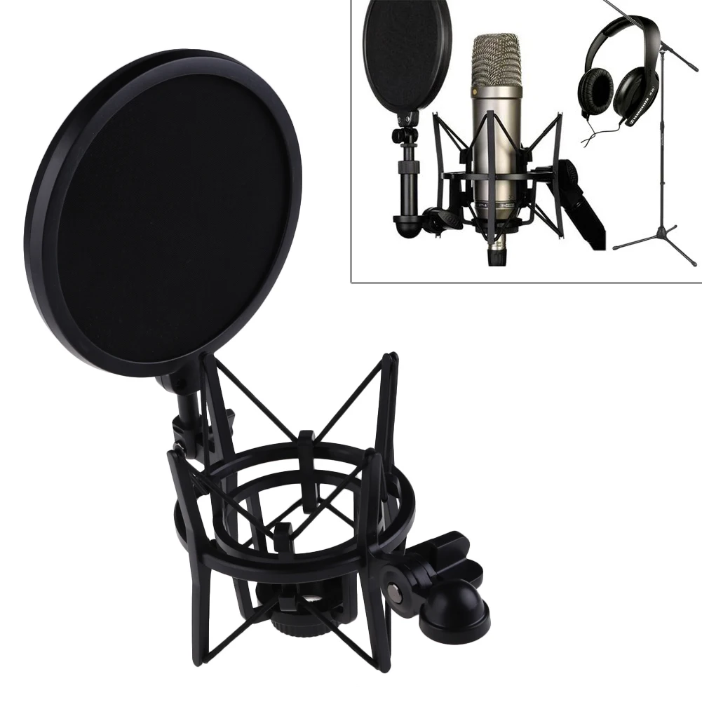 Microphone Shock Mount Professional Mic Suspension Shock Mount with Shield Filter Screen Studio Stand Black