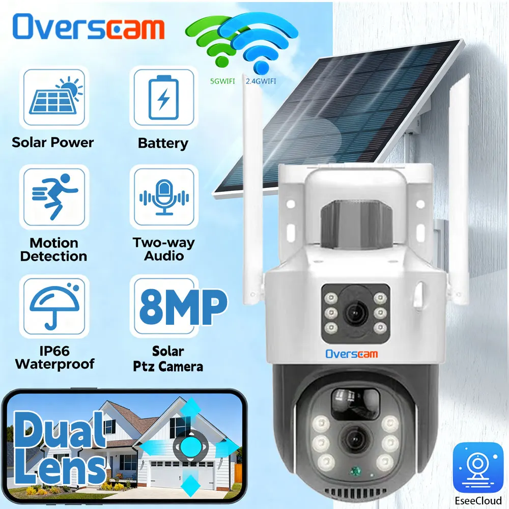 

EseeCloud Solar 5G 2,4G Wi-Fi камера PIR-обнаружение Открытый 8MP 4K Двойной экран PTZ-камера Беспроводная камера безопасности с низким энергопотреблением и аккумулятором