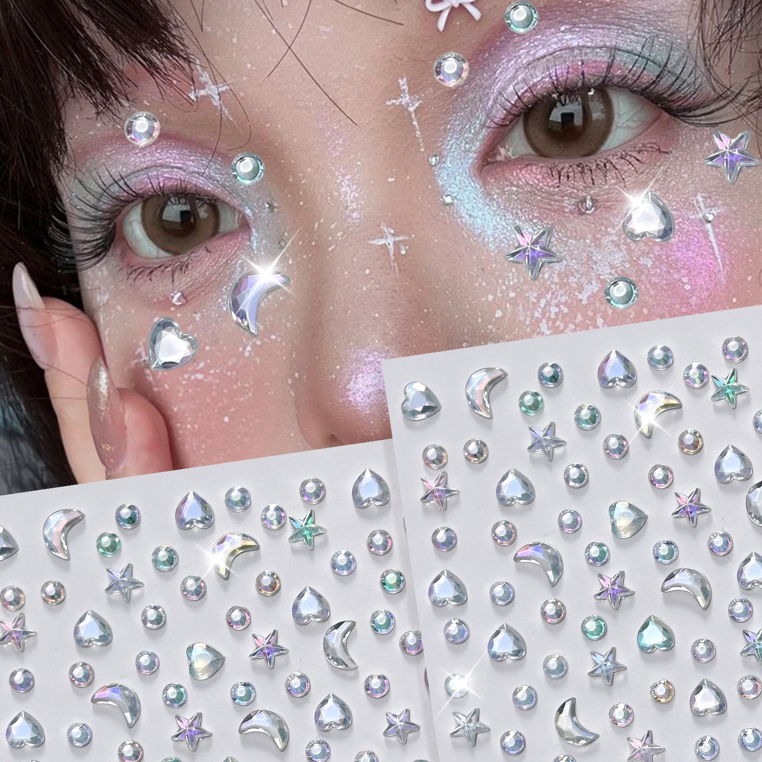 1Pcs Iridescent Face Gem Stickers 3D Moon Star Heart Rhinestone Self Adhesive Tattoo Decals for Festival Party Body Makeup Decor