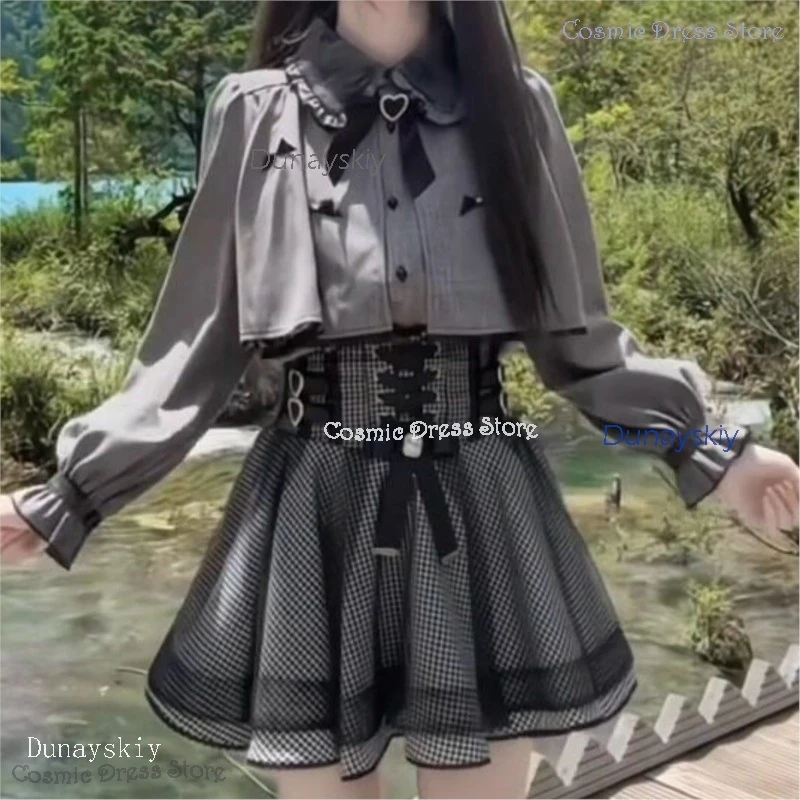 Jirai Kei Halloween Japanese Lolita Two Piece Dress Set Cape Long Sleeve Waist Cinched Blouse Gothic Outfit Women D