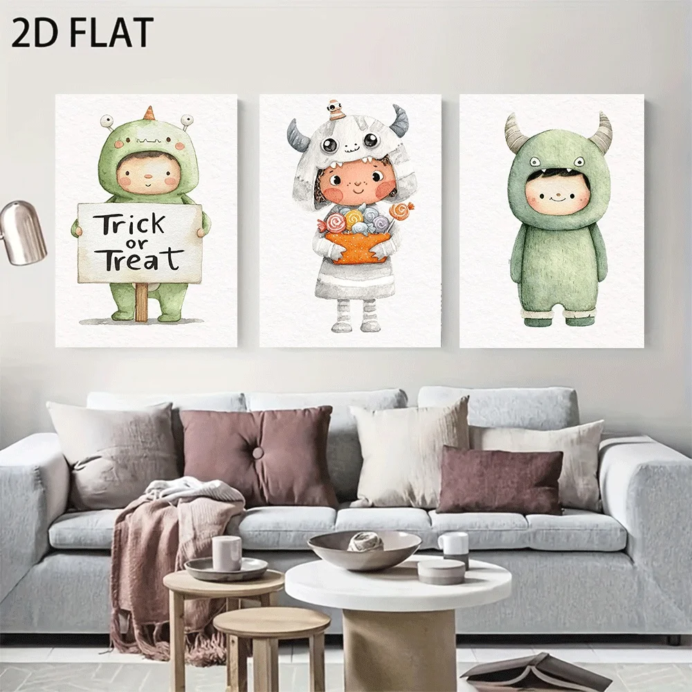 AZNM Watercolor Halloween Monster Kids Canvas Wall Art, Cute Cartoon Monster Costume Trick Or Treat Candy Party Soft Watercolor