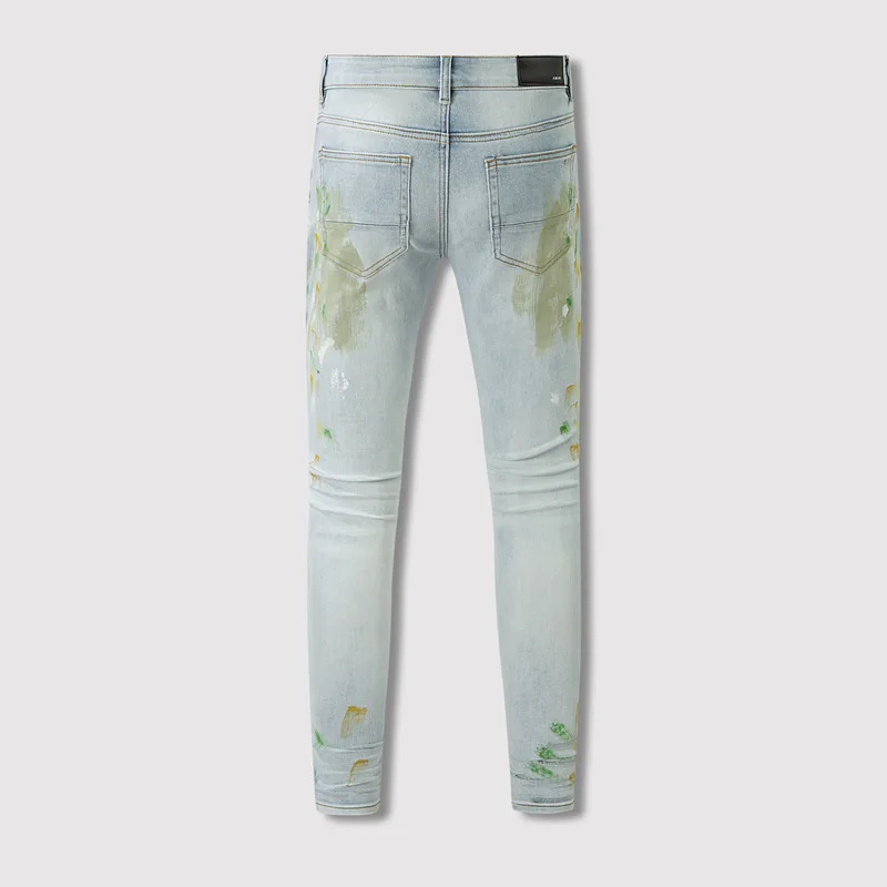 American style high street vintage washed water spliced letters Light Blue Graffiti amir jeans ripped patch jeans trendy pants