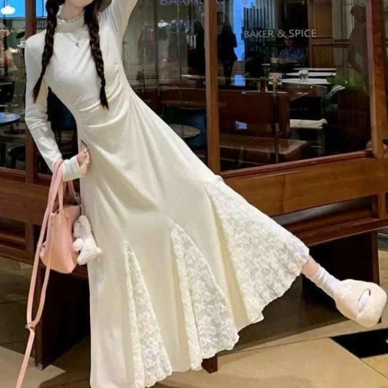 

Knitted Dress for Autumn and Winter, Long Sleeved Lace Patchwork Fishtail Skirt, Waist Cinched Half High Collar