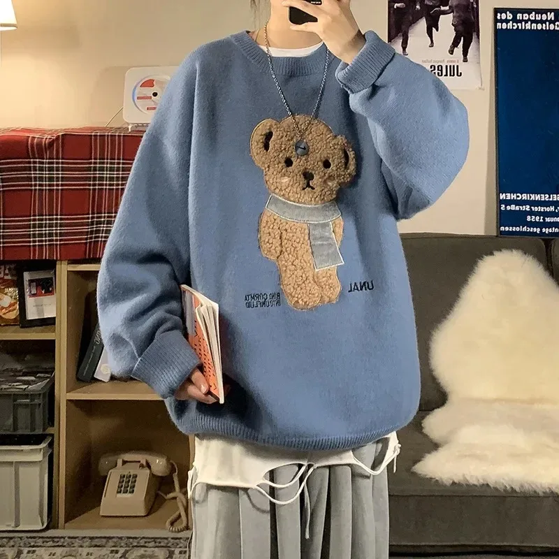 2023 Women Couple Pullovers Winter Cute Bear Jumpers Knitwear Sweater Harajuku Fall Round Collar Loose Pullovers Oversized Tops