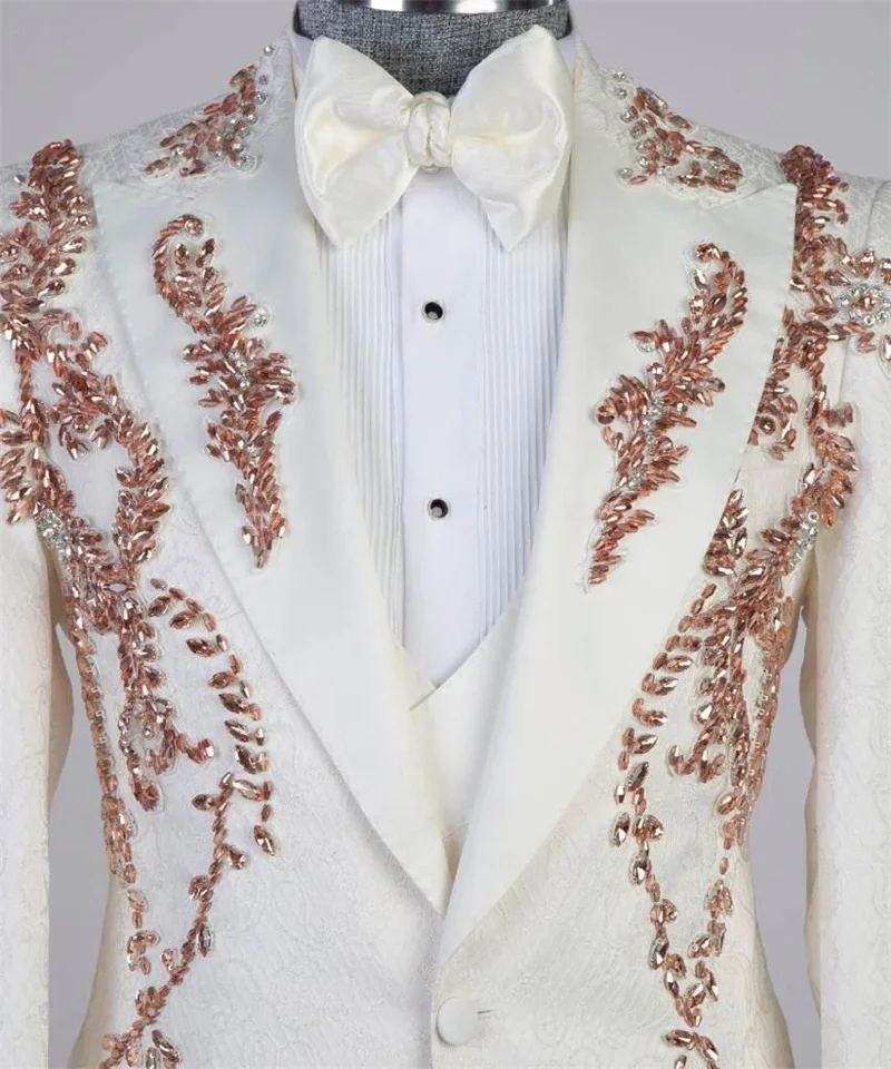 

White Jacquard Men Suit Set 2 Pcs Blazer+Pants Trousers Crystals Wedding Tuxedos Formal Office Jacket Prom Coat Customized