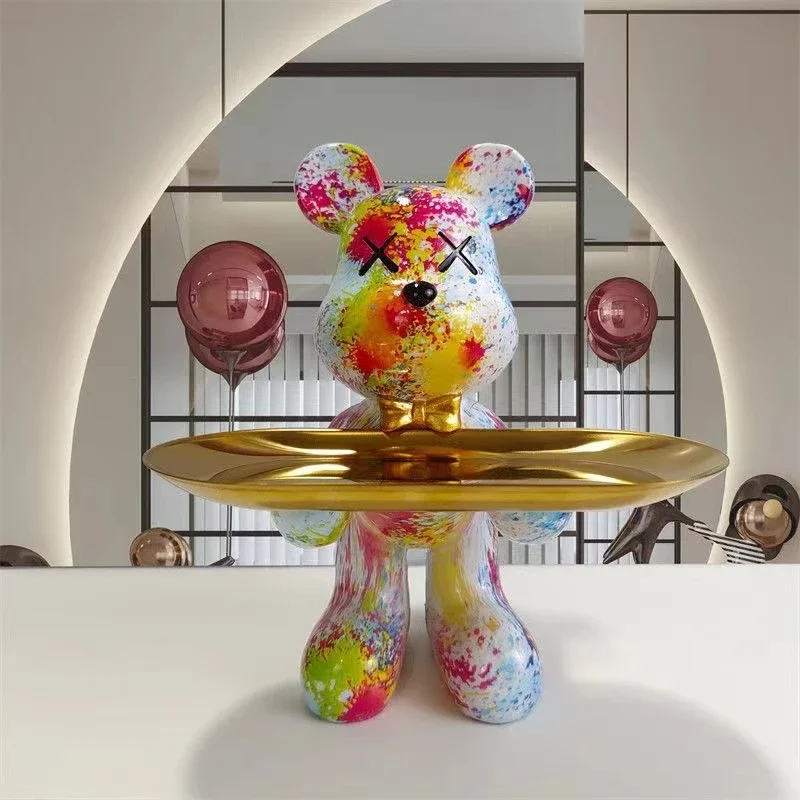 Graffiti Bear Stand Sit Resin Statue Gift Tray Entrance Candy Jewelry Coin Key Storage Storage Sculpture Ornaments Decoration