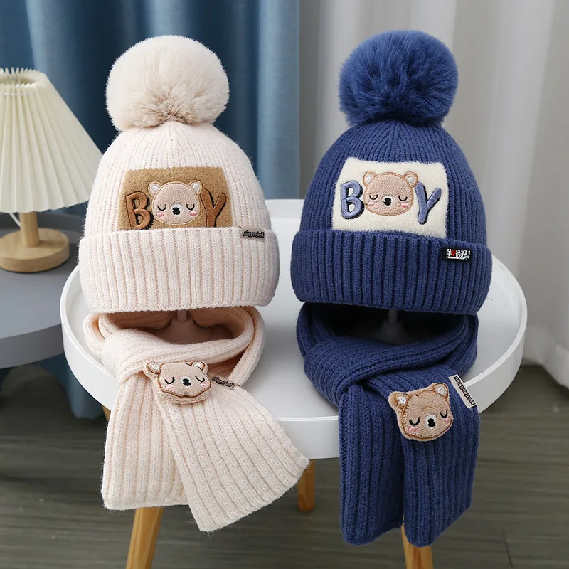 Baby Hat Scarf 2Pcs/Set Cute Pompom Winter Warm Beanie Kids Boys Girls Cartoon Bear Crochet Cap Scarves Outdoor Neck Covers