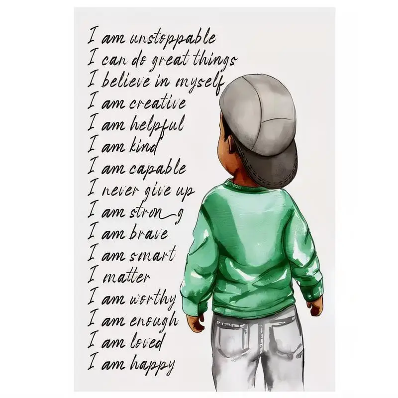 Cartoon Boy Motivational Affirmation Wall Art, Green Top/Gray Cap, Canvas Print - Decor for Kids’ Room, Bedroom, Classroom (Posi