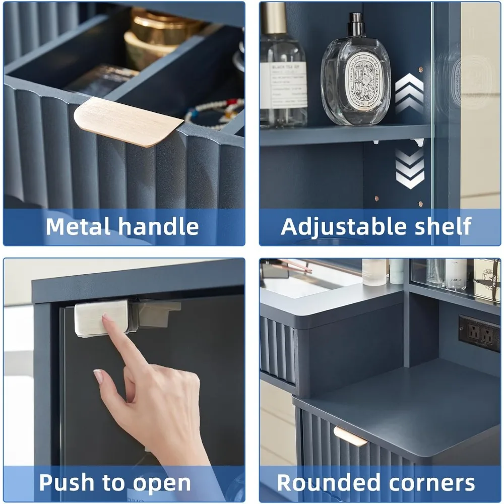 مكتب مكياج أزرق مضيء مع سطح زجاجي ومخرج طاقة، طاولة زينة مقاس 43.5 بوصة