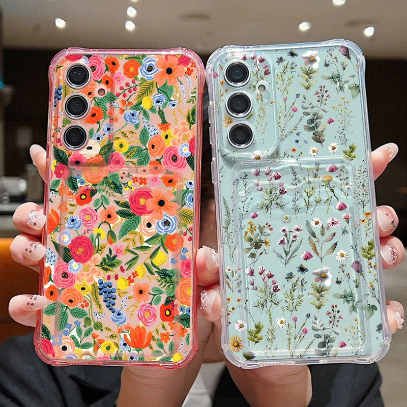 Colored Flower Print Phone Case For Samsung Galaxy S26 S25 S24 Ultra S23 S25 FE A57 A37 A17 A56 A55 A16 A54 Card Slot Soft Cover