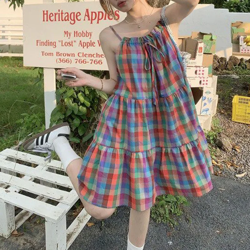 2023 New Summer Lively Patchwork Multicolor Sleeveless Slip Dress Femme Sweet Bow Plaid Loose Thin A-line Skirt Women Clothing