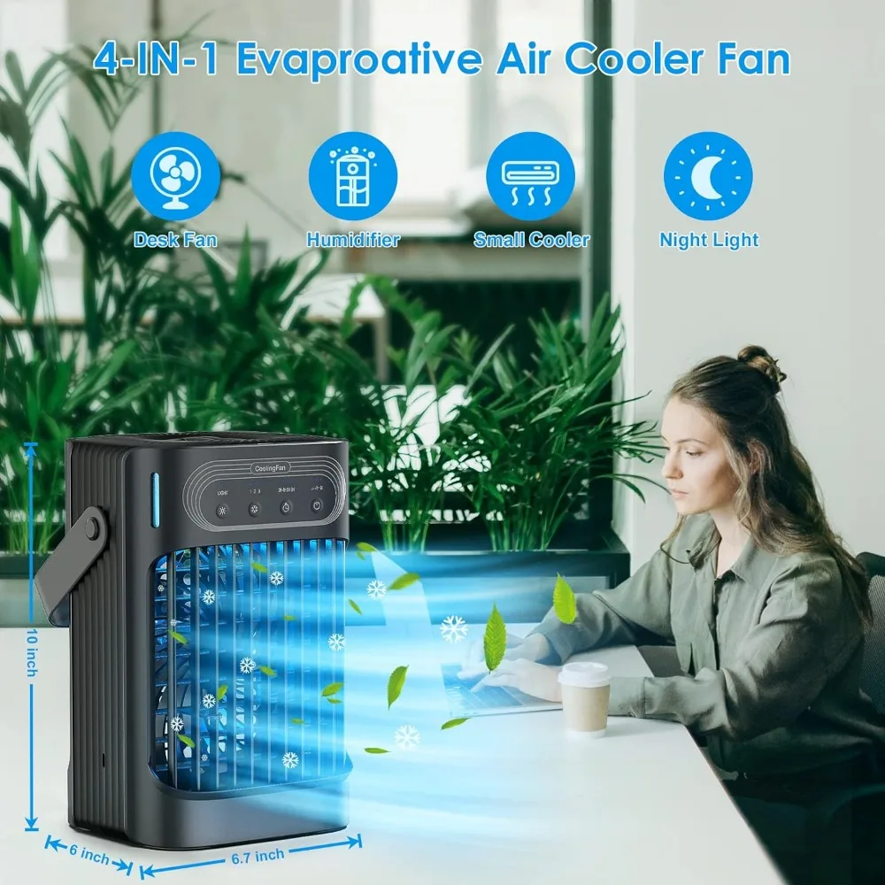 Portable Air Conditioners Cooling Fan, Evaporative Mini Air Conditioner Portable with 3 Cool Mist & Speeds, 7 Night Light &Timer