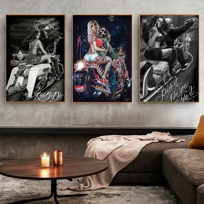 Tattoos Girl Knight Ride A Motorcycle Canvas Painting Black and White Posters Mexican Chicano Culture Wall Decor Art Pictures