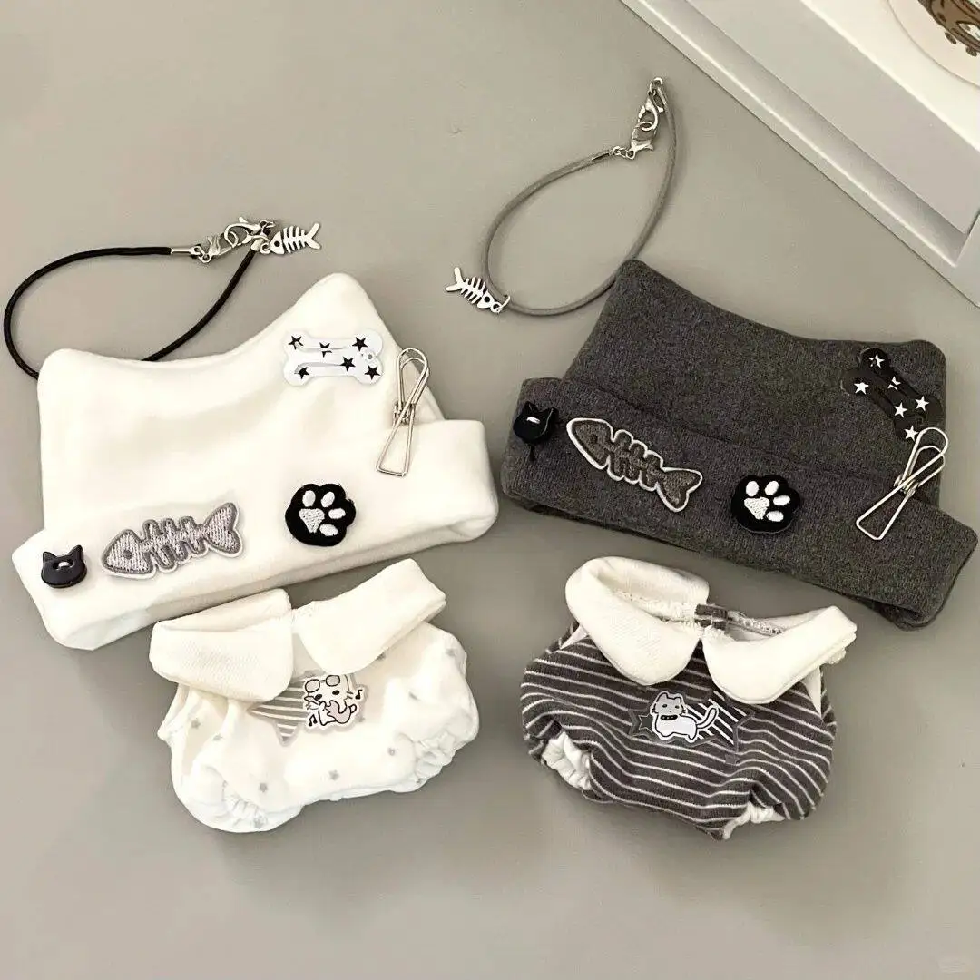 10 Cm Cotton Doll Clothes Cute Cat Theme Kawaii Punk Outfit Set Fishbone Paw Print Clothing For Collectible Cotton Doll