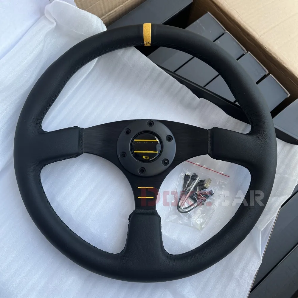 refitting racing 14 inch 350mm flat drift steering wheel Leather Yellow Style steering wheel