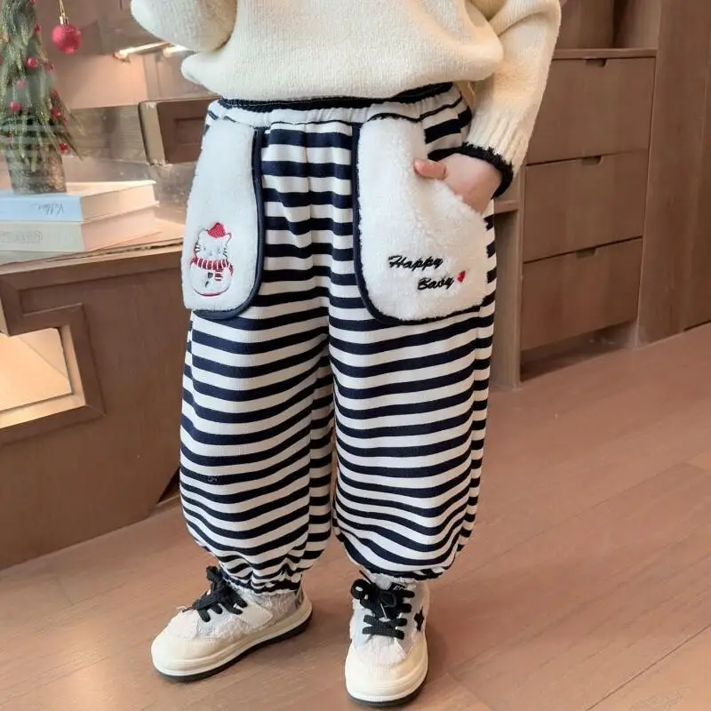 

Sanrio Hello Kitty Girls Cartoon Fleece Joggers Winter Thick Casual Pants Striped Sportswear For Kindergarten Toddler Kids