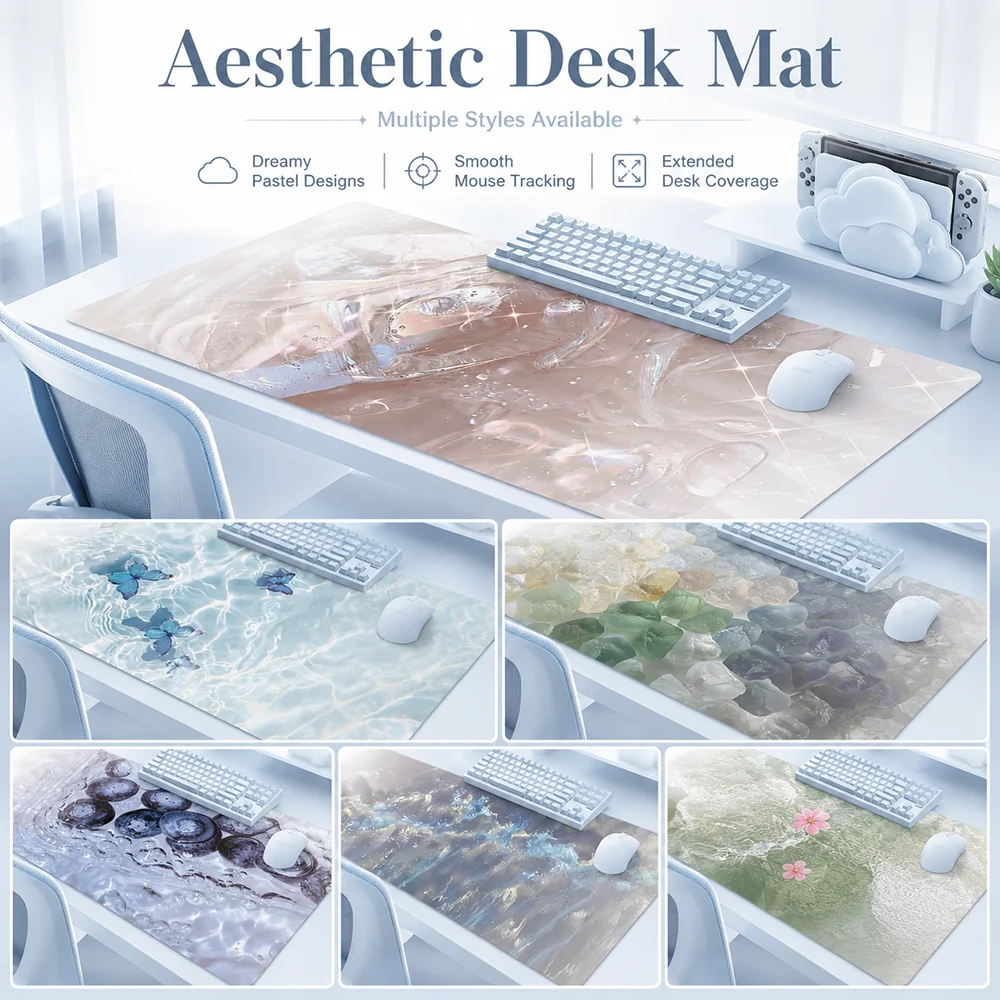 Large Aesthetic Desk Mat Extended Mouse Pad Dreamy Water Ripple Design Smooth Surface Non Slip Base Gaming Office Keyboard