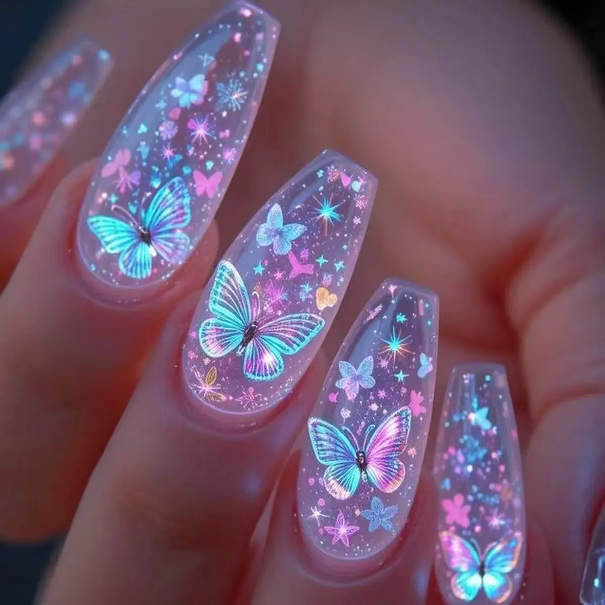 Medium fake naisl for women girls Y2K gradient blue pink butterfly mushroom flora for spring summer press on acrylic false nail