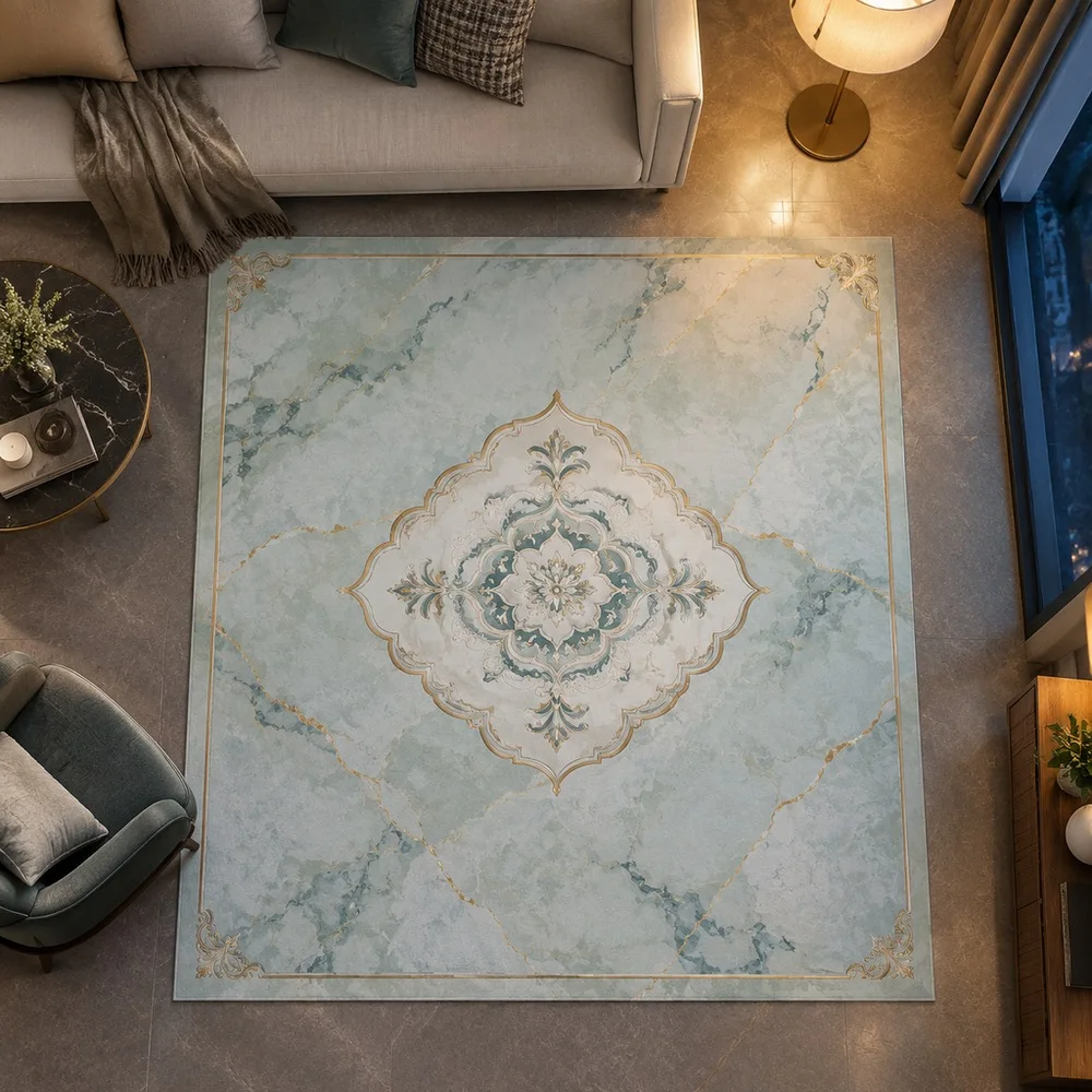 VIKAMA Carpet Rug Pale Cyan Marble Patch Vein Fluffy Foldable Washable Coffee Table Living Room Entryway Sofa Room Decor