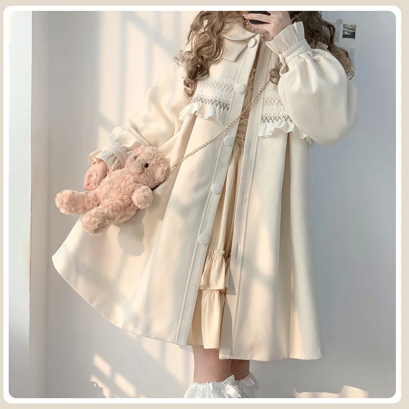 Winter Thickened Warm Wool Coat Doll Neck Bow Lolita Coat Women Cute Coat Black Beige