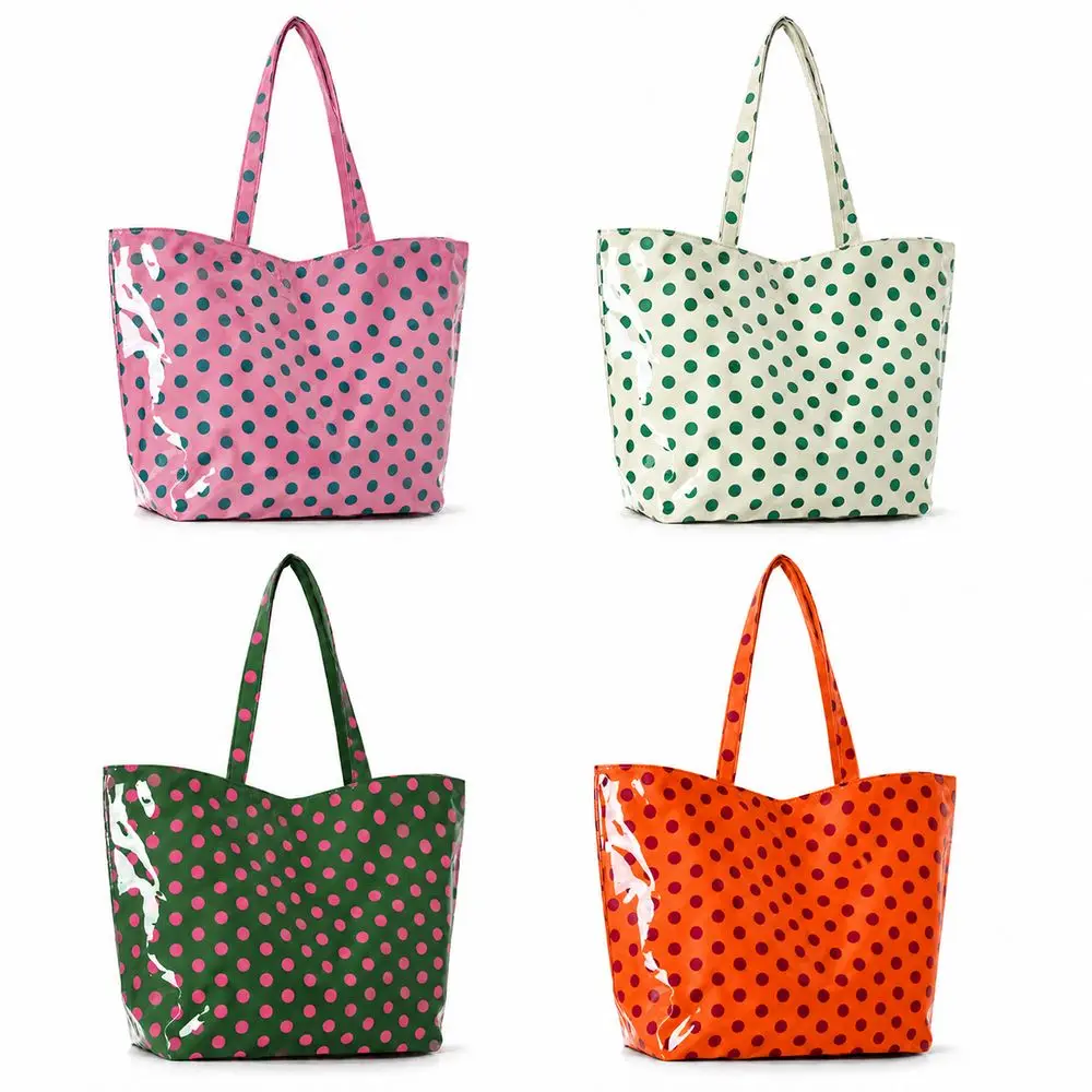 PVC Polka Dot Tote Bag Waterproof Polka Dot Pattern PVC Tote Bag Large Capacity Glossy Finish Shoulder Shopping Bag