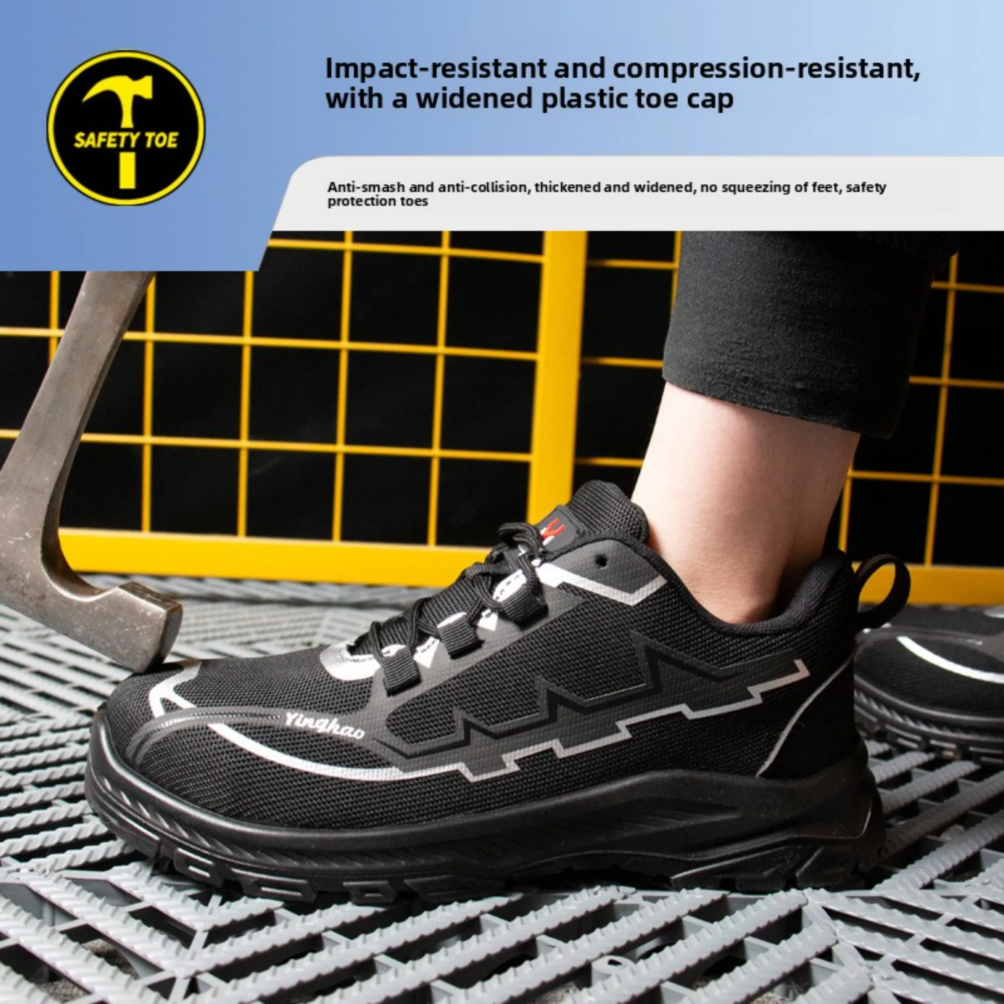 Anti Static Safety Shoes Anti Smash Anti Puncture PU Injection Flyknit Work Boots Lightweight Protective Footwear for Men