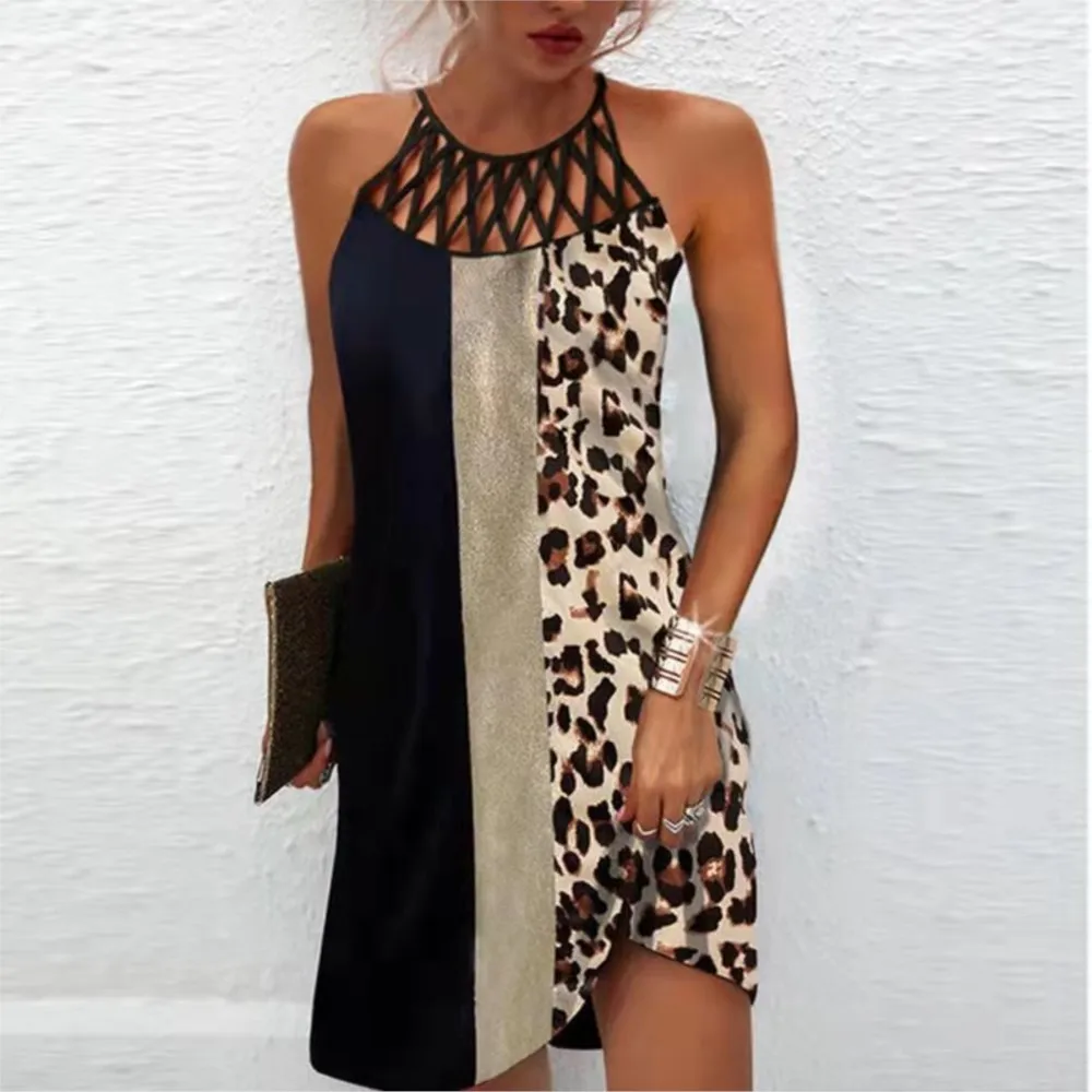 

Summer New Ethnic Style Printed Mesh Belt Hollow Sleeveless Casual Dress For Women Sexy Off Shoulder Leopard Printed Mini Dress