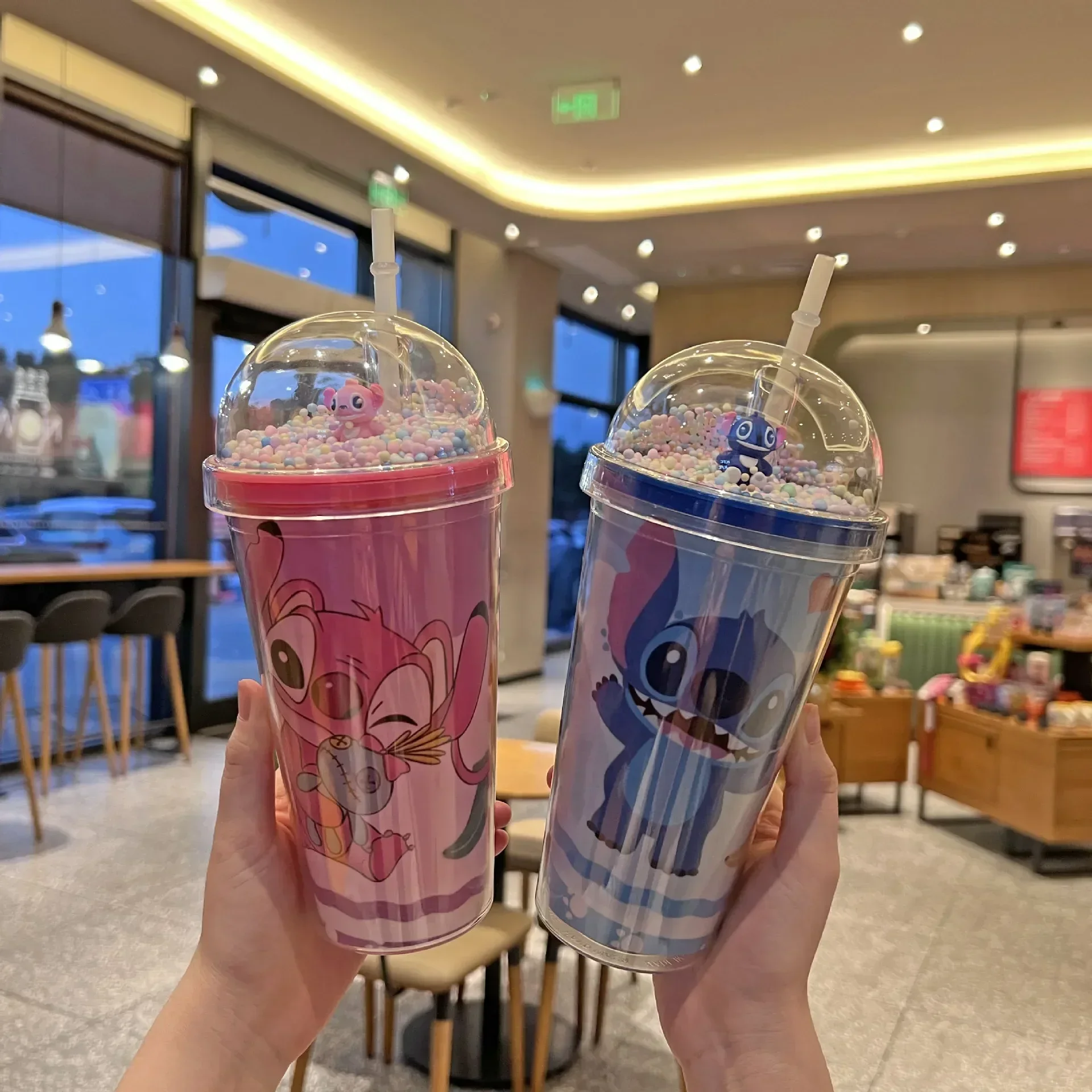 450ML Disney Stitch Plastic Water Bottle Cup Double-layer Straw Mugs with Lid Tumbler Coffe  Couple Girl Gift Anime Stich Drink