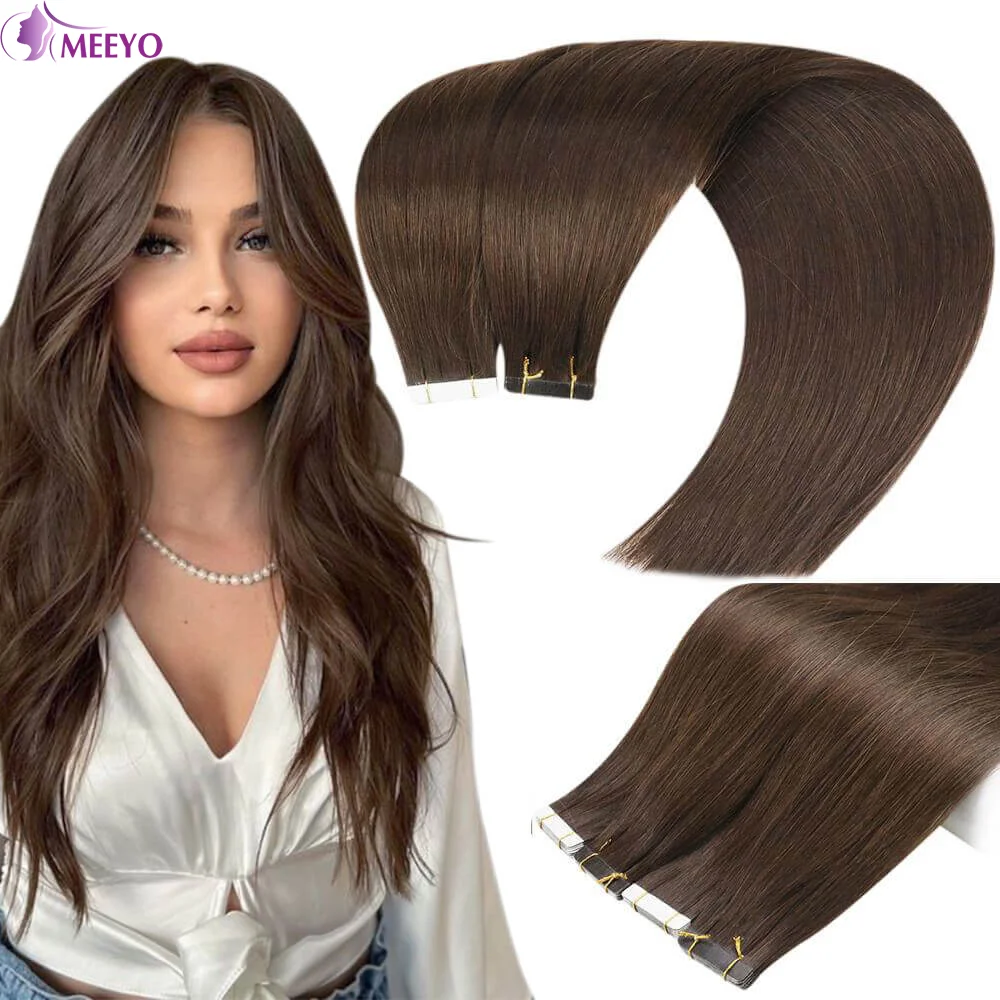 

Tape In Hair Extensions Real Human Hair Brazilian Straight Invisible Seamless Color #4 Brown Tape In Extension 16-26 Inch 20Pcs