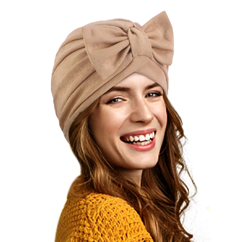 The 2024 Popular National Wind bow Turban hat Solid color National hat Elastic Wrap Turban Lndian hat