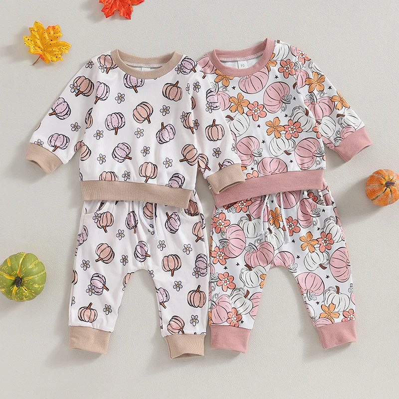 

2023-07-25 Lioraitiin 0-3T Infant Baby Halloween Clothes Flower Pumpkin Print Long Sleeve Sweatshirt Long Pants Set Fall Outfit