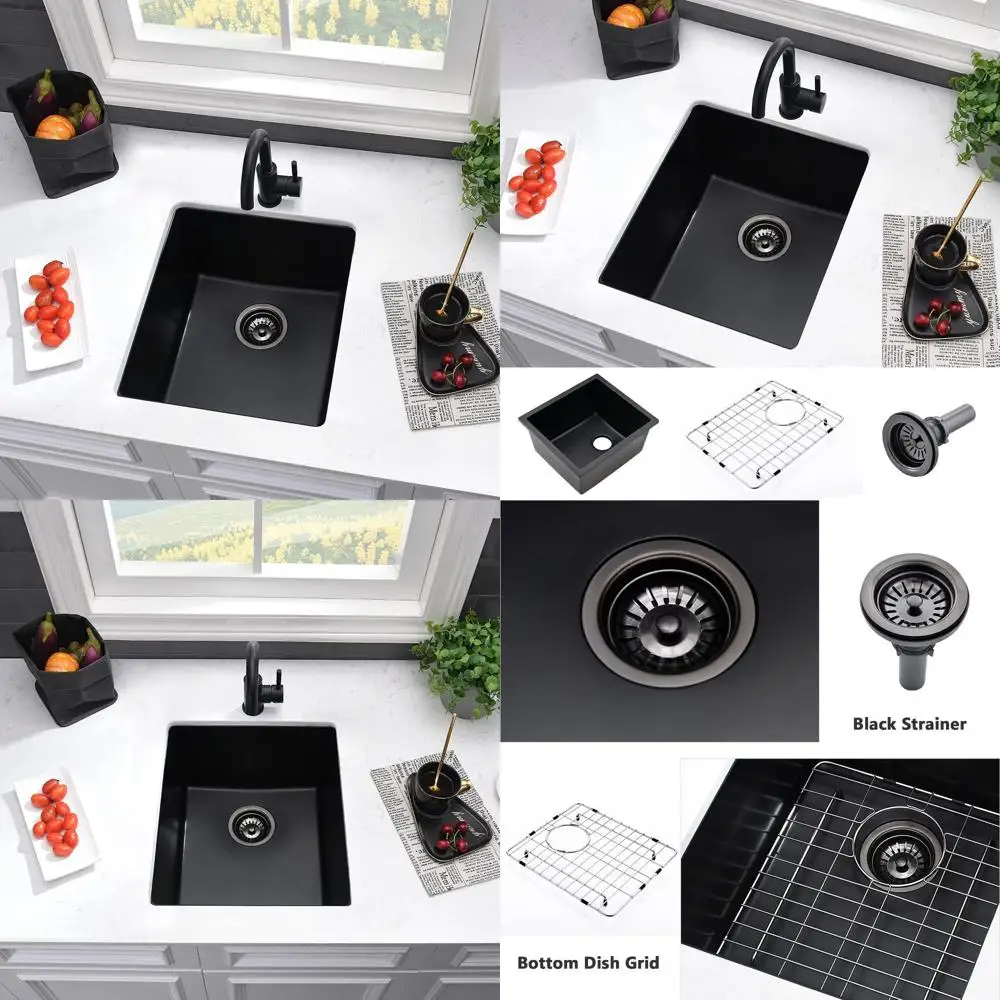 

15 Black Quartz Undermount Kitchen Sink, 15x17, Deep Single Bowl for Small Spaces & Outdoor Bars