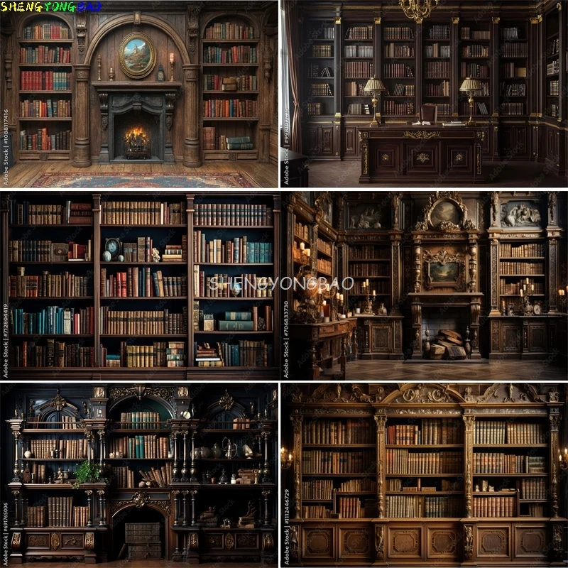 

Baroque Ornate Library Bookshelf Photography Backdrops Props Reading Furniture Bookcase Meeting live Indoor Background JX-09
