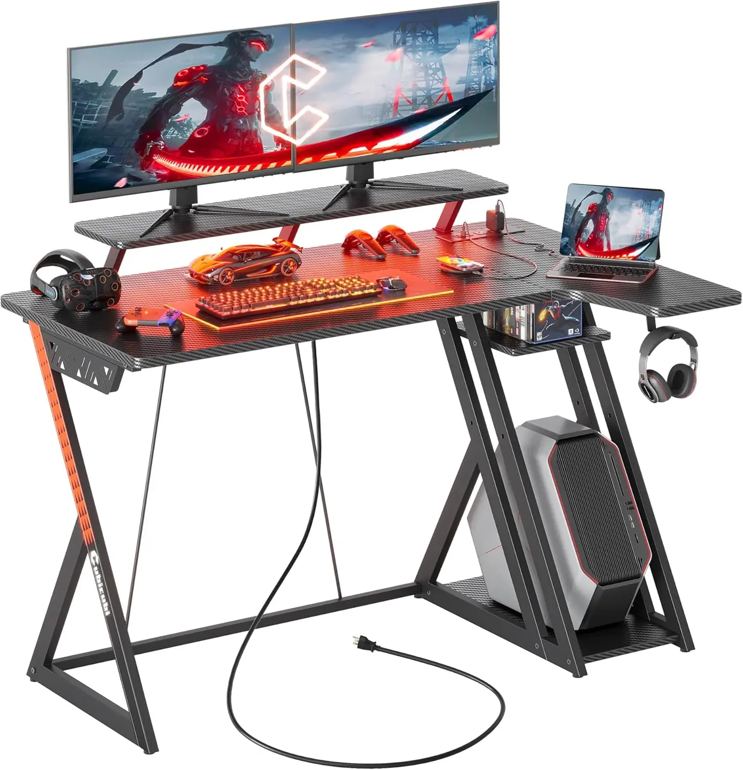 

CubiCubi Gaming Desk with LED Lights & Power Outlets, 47 Inch L Shaped Carbon Fiber Surface Desk with Storage Shelves