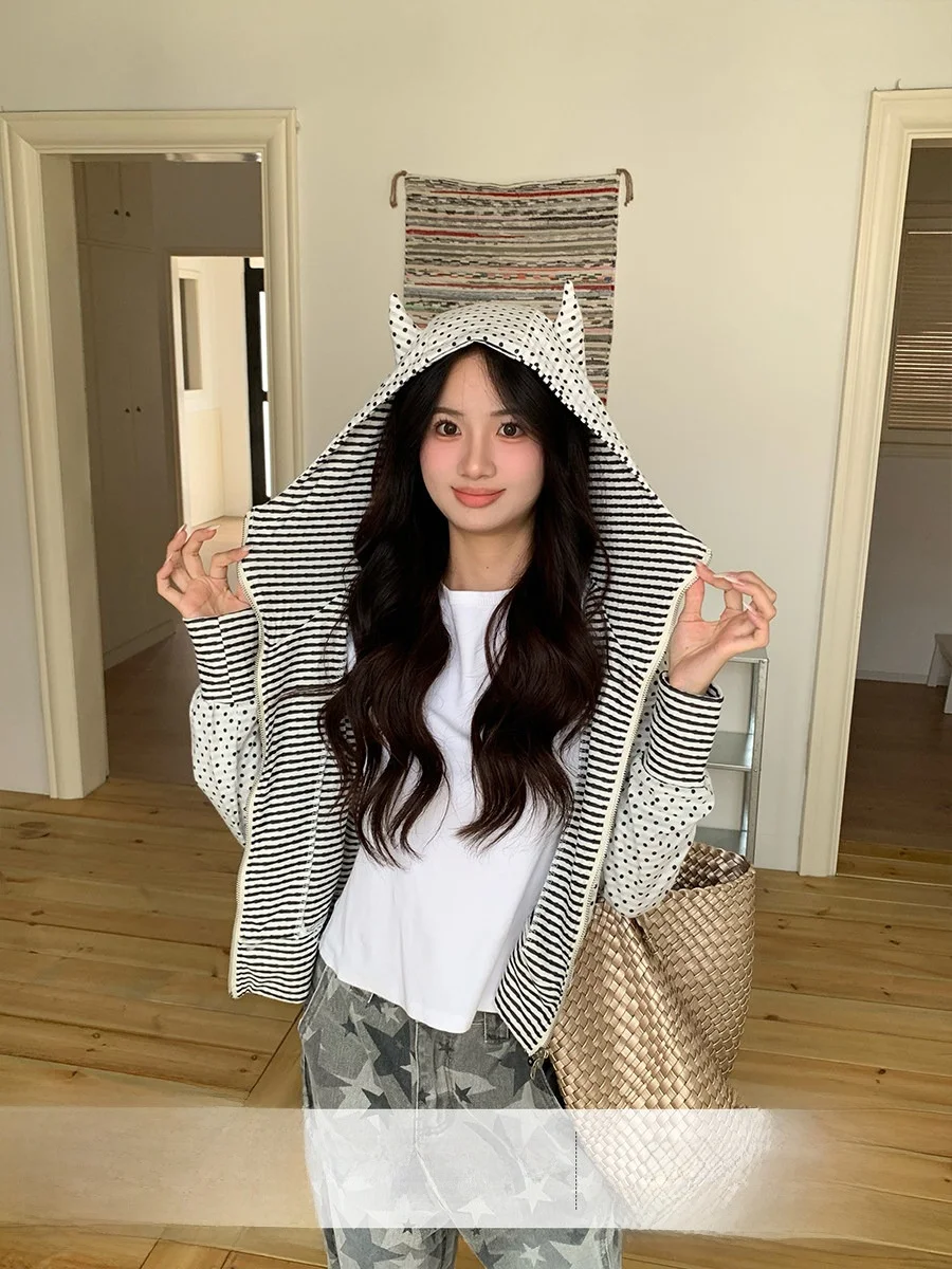 

Orange Tree Dot Pattern Hooded Double Zipper Casual Women's Jaet Autumn Slimming Versatile Long Sve Stand Fit Cotton ...