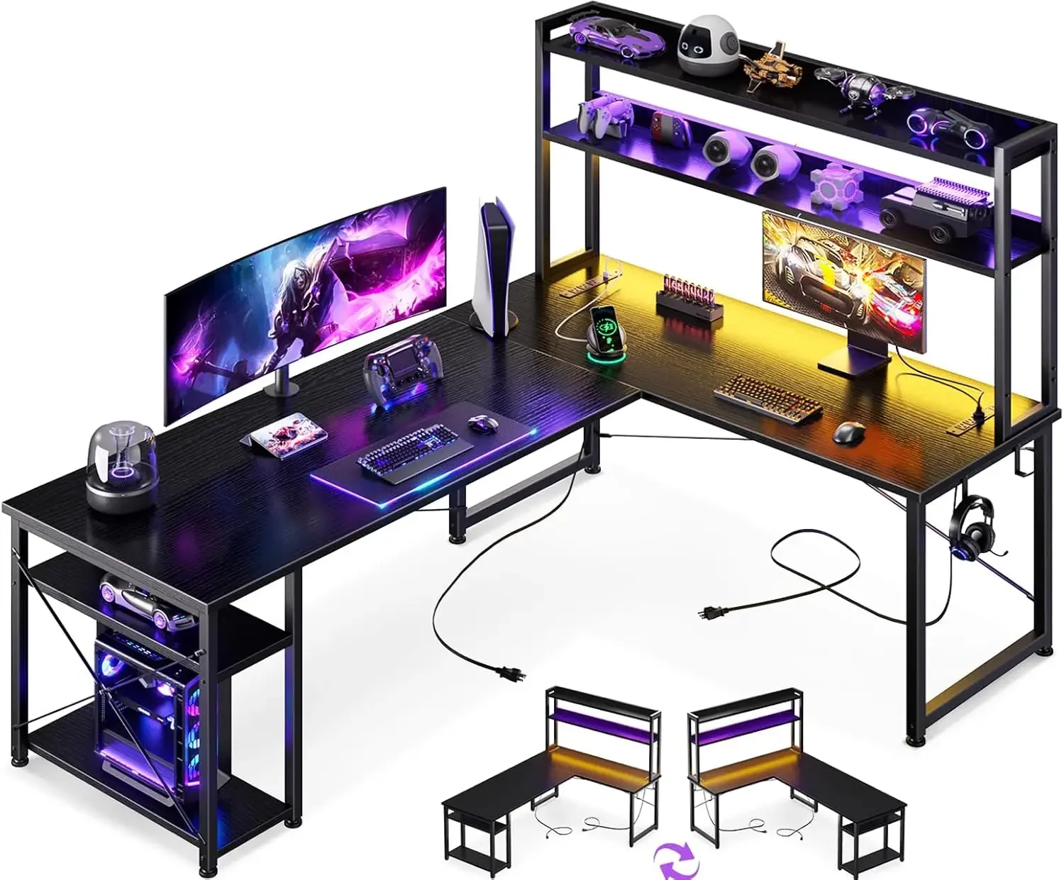 L Shaped Gaming Desk with Hutch & 2 Power Outlets & 2 LED Strips & Monitor Stand, 66