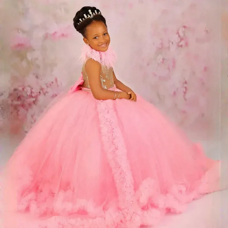 Pink Tulle Puffy Flower Girl Dress Applique Bow Ruffles Feathers Kids Birthday Ball Gowns Princess First Communion Dresses