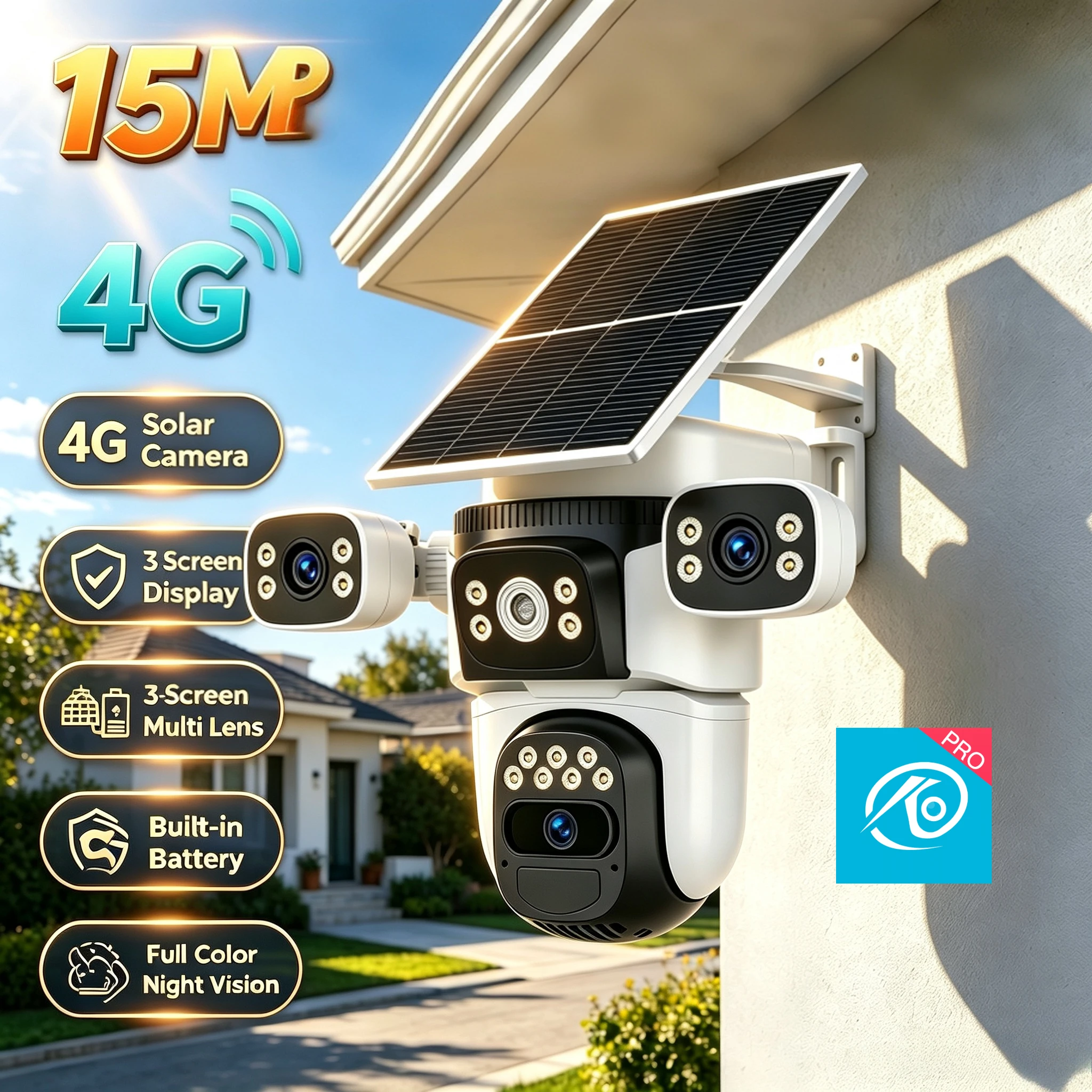 4G  Sim Card Solar  Camera 15MP 3 Lens 3 Screen 360° Rotation Built-in Battery Wireless Outdoor Security CCTV Cam