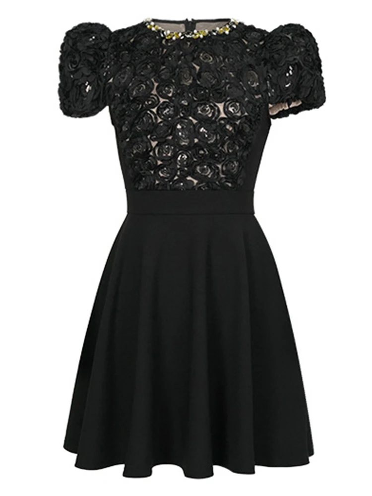 

Women Clothes Black Sweet Lace Floral O-Neck Slim A-Line Mini Short Dress Elegant Luxury Party Prom Vestidos Casual Summer New