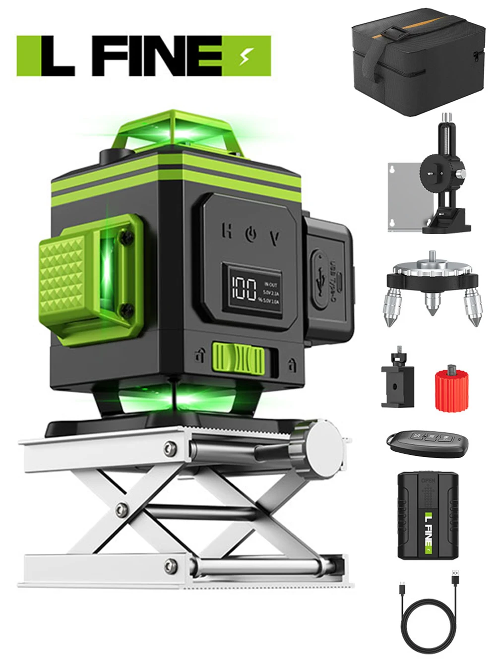 LFINE-Feixe de Laser Verde de Alta Precisão com Controle Remoto, 4D, 16 Linhas, Auto-Nivelamento, 12 Linhas, Níveis 360