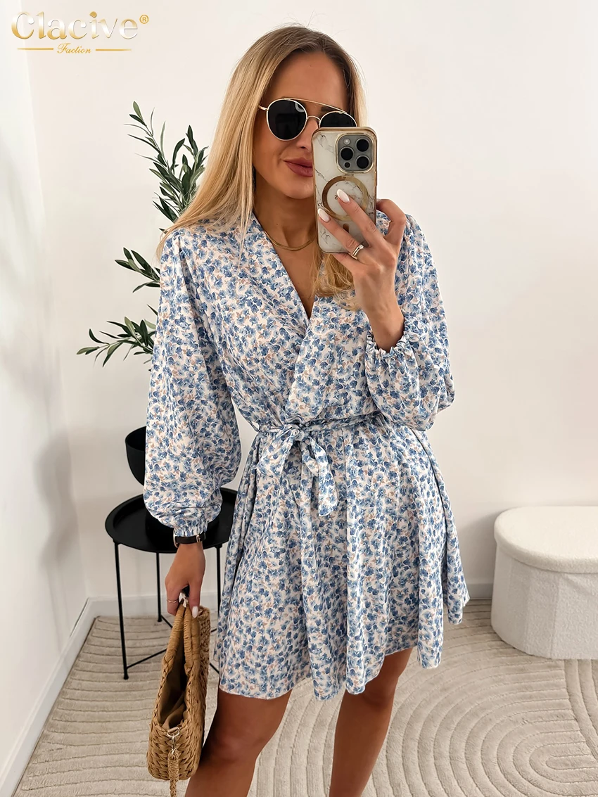 Clacive Fashion Loose Print Women's Dress 2025 Casual V-Neck Long Sleeve Mini Dresses Elegant Classic Lace-Up Female Dress