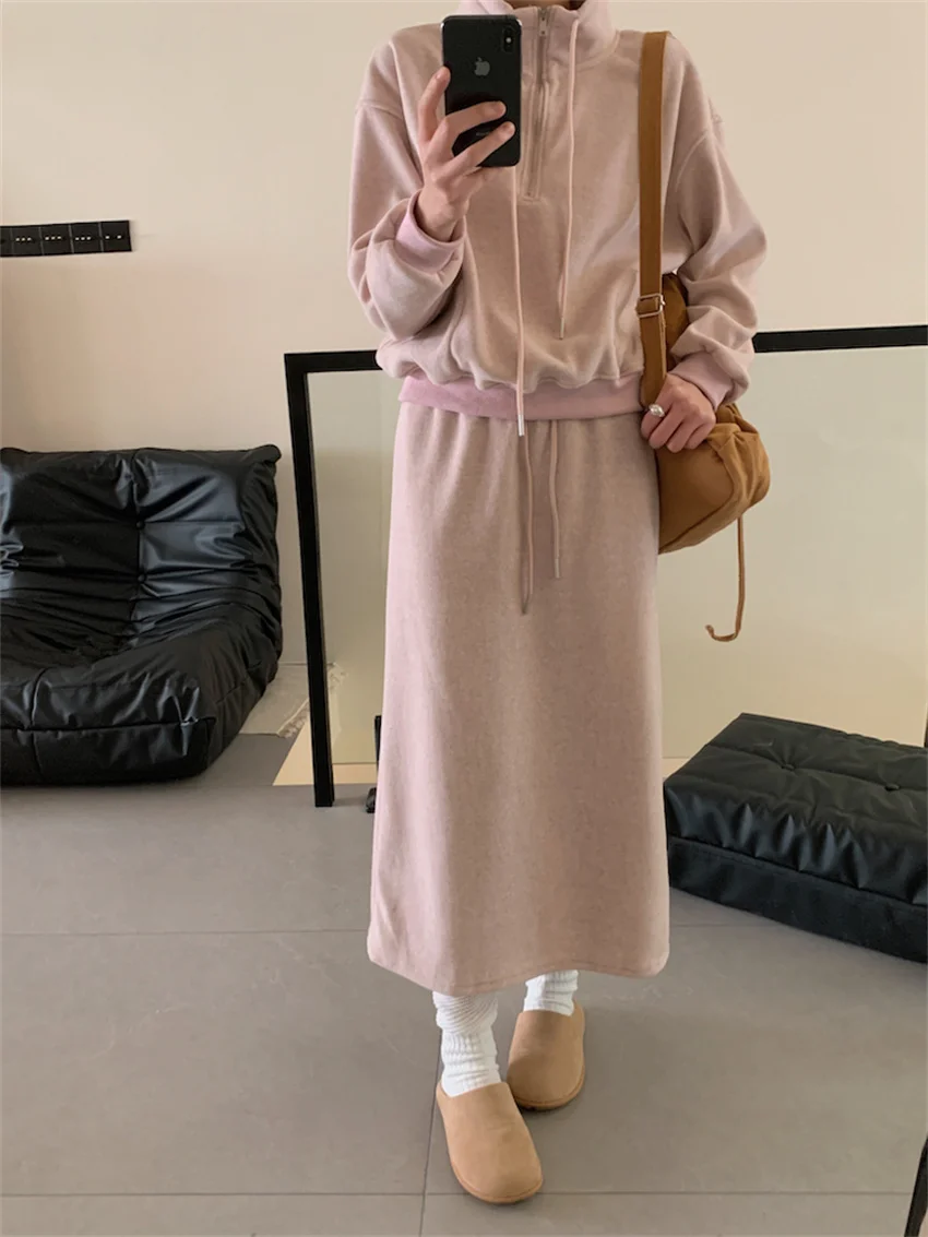 Alien Kitty Minimalist Women Chic Loose Suits Sports Daily 2024 Thicken New Casual Sweatshirts Fashion Spring Long Skirts Sets