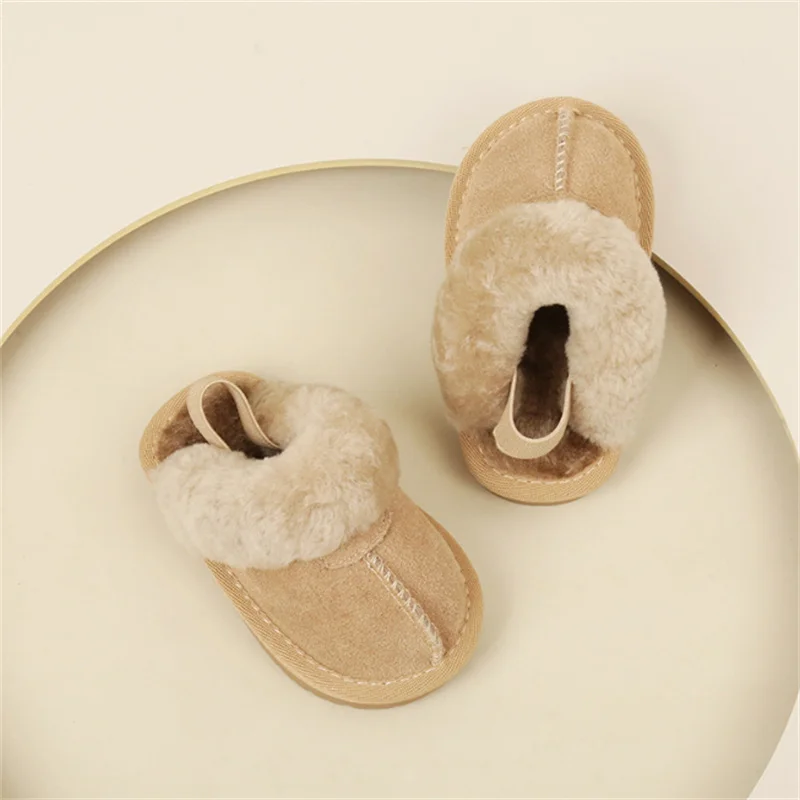 New Winter Baby Shoes Leather Warm Plush Toddler Kids Slipper Shoes Rubber Non-slip indoor Fashion Little Girls Slipper