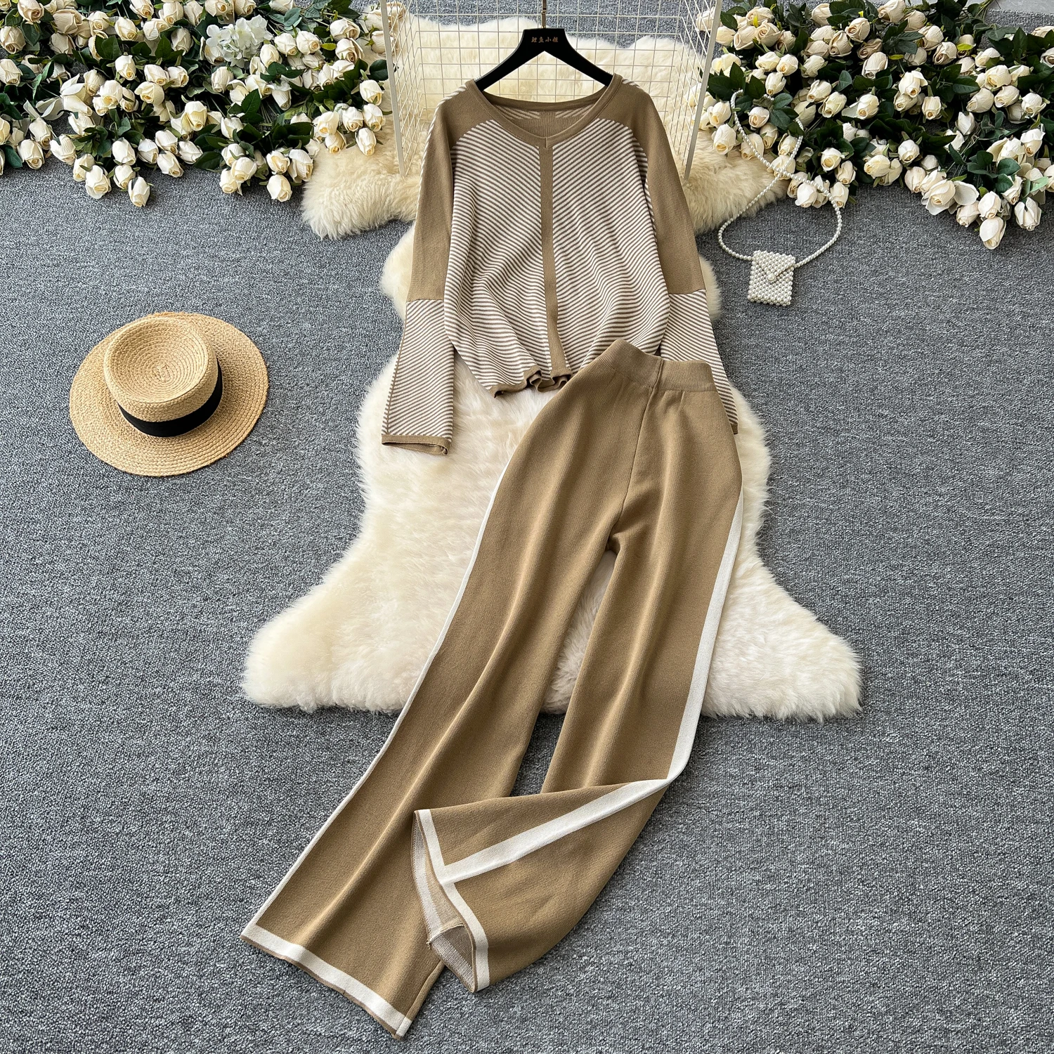 Women Knit Two Pieces Set Zipper Batwing Sleeve Knitted Cardigan + High Waist Long Pants Clothing Suits