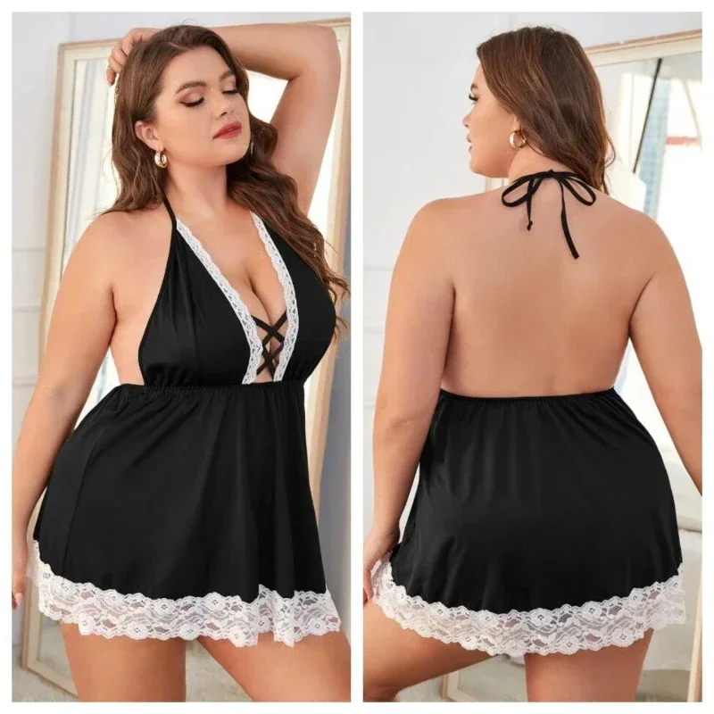 

Erotic Outfits Black and White Lace Lace Backless Sexy Nightgown Hanging Neck Deep V Women's Nightdress Set Night Dress Women