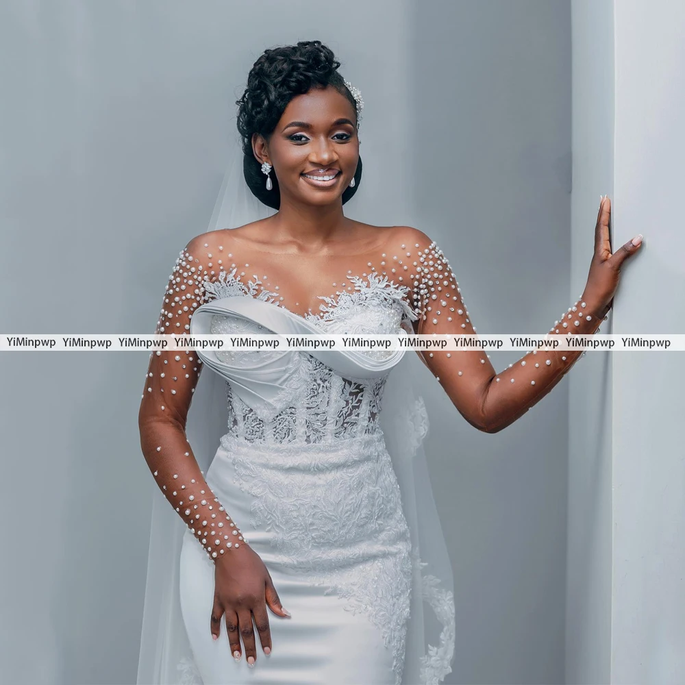Applique Beaded Wedding Dresses 2025 Women Full Sleeve Mermaid Satin Vestidos de novia Africa Crystal Wedding Gowns Customized