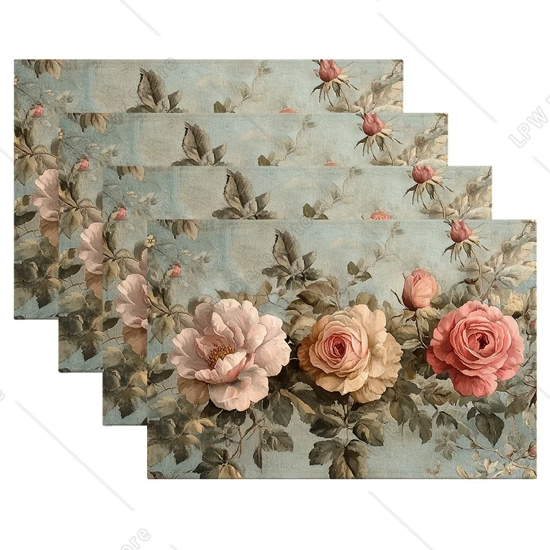 

4pcs French-style Tapestry with Roses and Floral Placemats Farmhouse Dining Table Place Mats Spring Summer Country Rustic Kitche