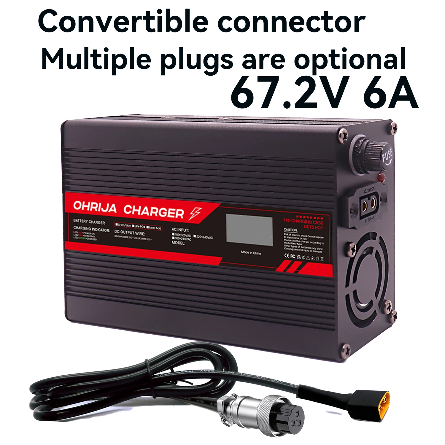 

67.2V 6A Lithium Battery Fast Charger for 16S 59.2V OLED Display & Interchangeable Connector Fast stabilization with cooling fan