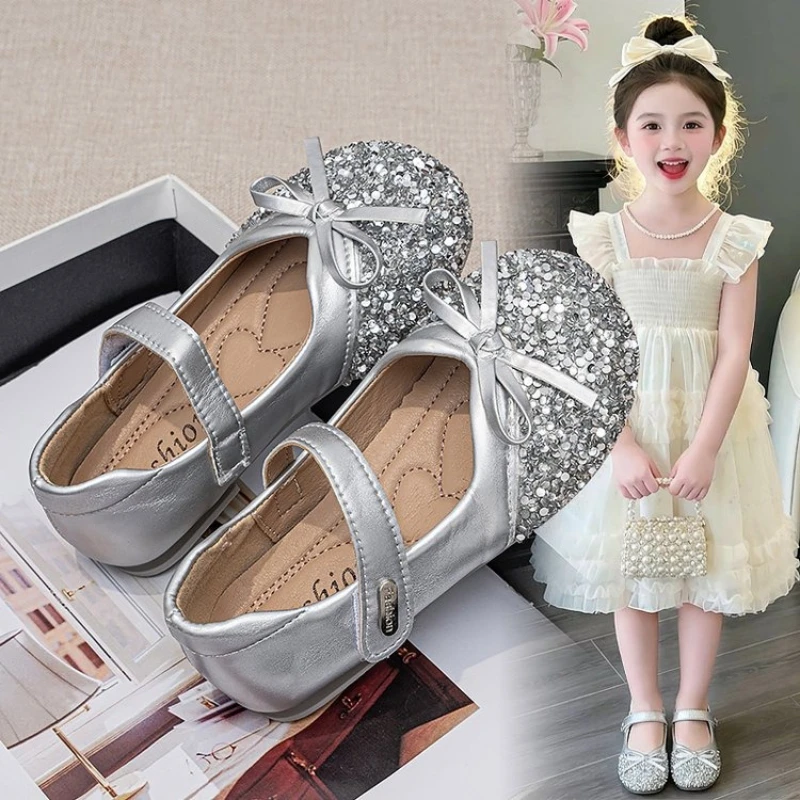 

Kids Causal Dress Shoes Spring Autumn Sequins Bow Girls Mary Jane Shoes Wedding Party Shallow Children's Princess Leather Shoes