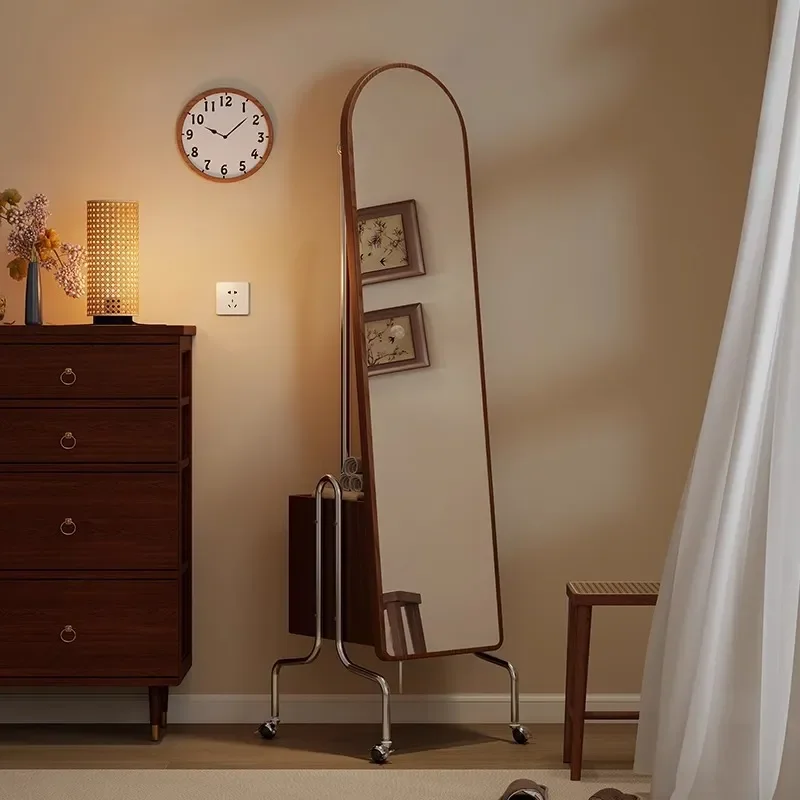 for Medieval Solid Wood Full Body Mirror Floor Standing Movable Vertical Full Length Mirror with Coat Rack Storage for